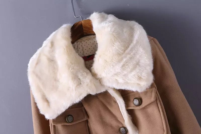 Fashion Winter Women khaki Drawstring pocket Coats Woolen button Fur turn-down collar Long Sleeve Brand Thick Warm Outwear