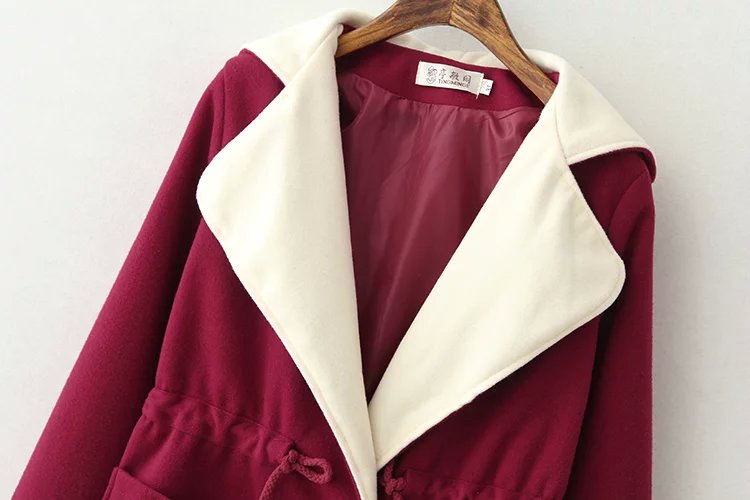 Fashion Winter Women red white hooded Coat drawstring Woolen Button Long Sleeve pocket casual Brand Lady Outwear plus size