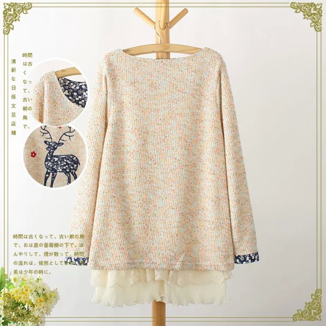 Fashion winter Women sweet knitted Colored yarn deer Embroidery chiffon lace patchwork pleated Long sleeve casual Dress