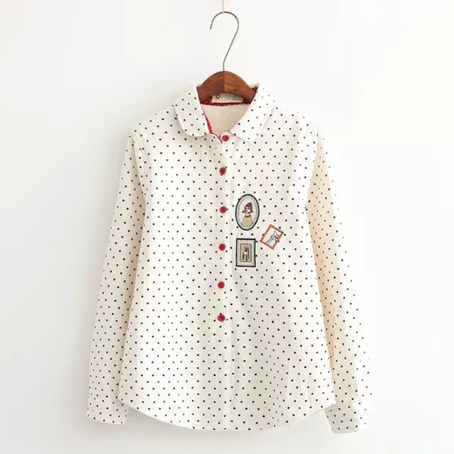 Fashion Winter women thick warm school style dots print Cartoon Embroidery blouse Peter pancollar button casual brand