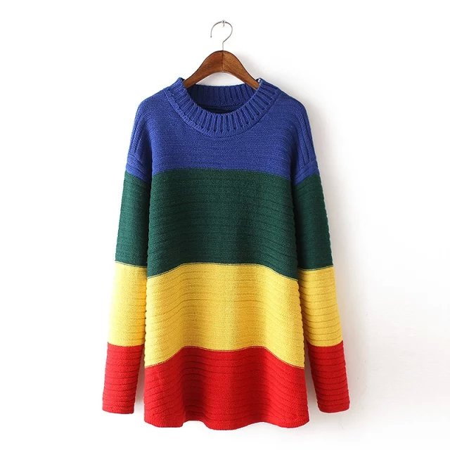 Fashion women American style color striped pattern pullover knitwear Casual loose stretch long sleeve knitted sweater brand