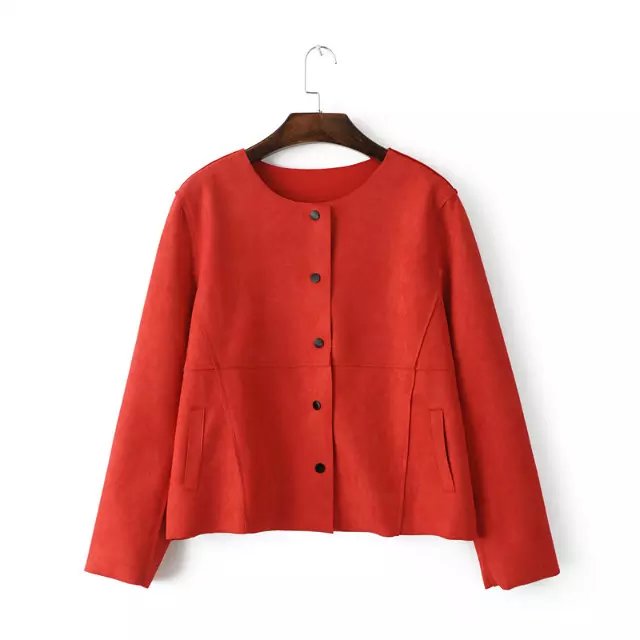 Fashion Women Autumn Suede Leather Khaki Jacket button pocket Coats Casual O-neck long sleeve loose brand Outwear