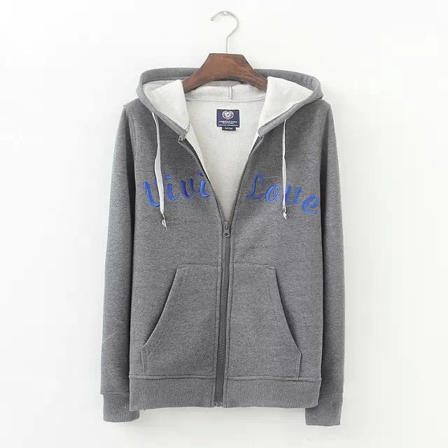 Fashion women Autumn thick Gray Letter Embroidery zipper drawstring hooded casual long sleeve pocket sport Jacket