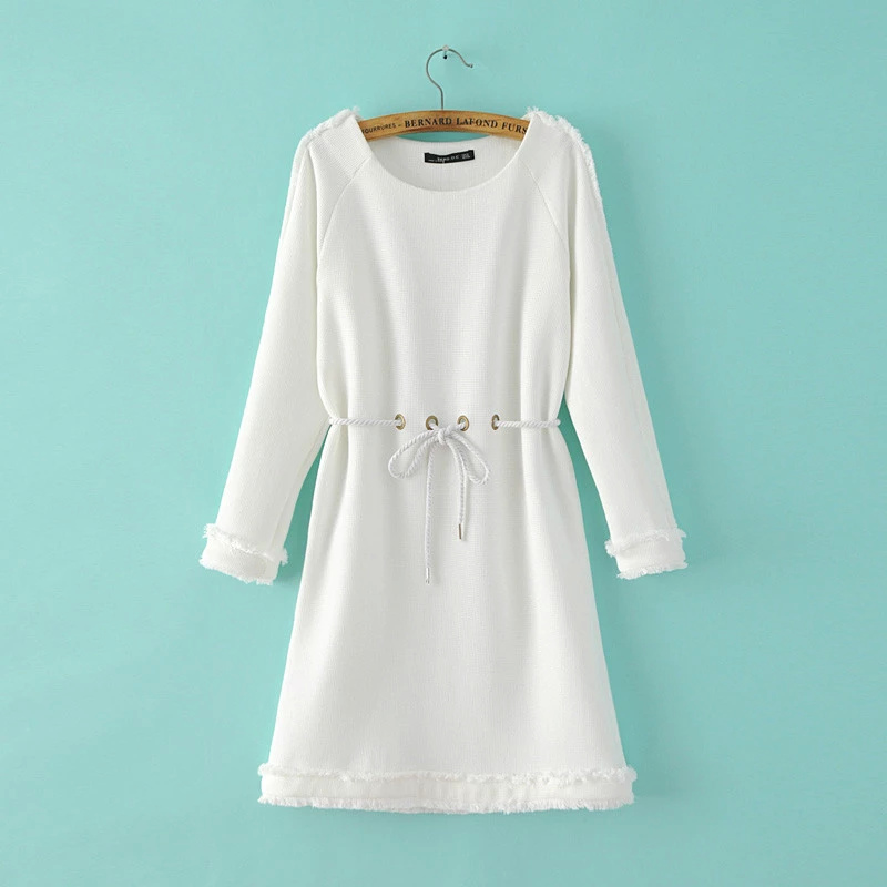 Fashion Women Autumn White Drawstring mini A-Line Dress Vintage O-neck Three Quarter sleeve Brief casual brand female