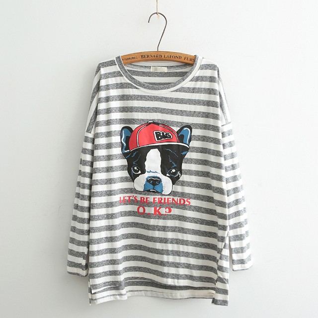 Fashion women Autunm red Striped dog Letter print O-Neck T-shirts Outerwear casual shirt batwing sleeve loose Brand Tops
