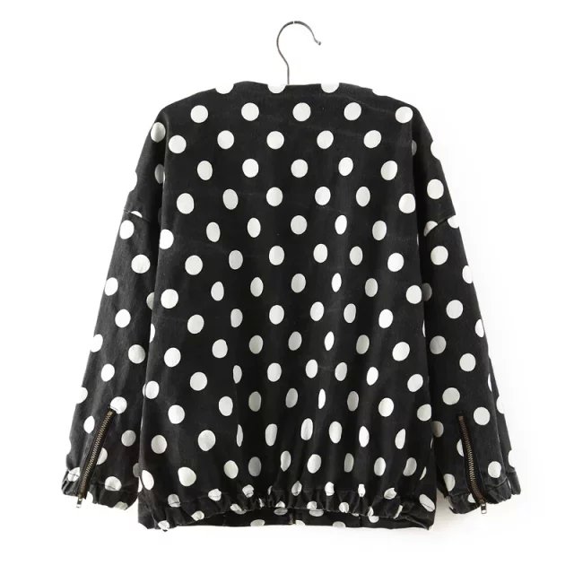 Fashion women Black Denim Polka Dot Print jakcet zipper pocket outwear batwing sleeve O-neck casual brand for female