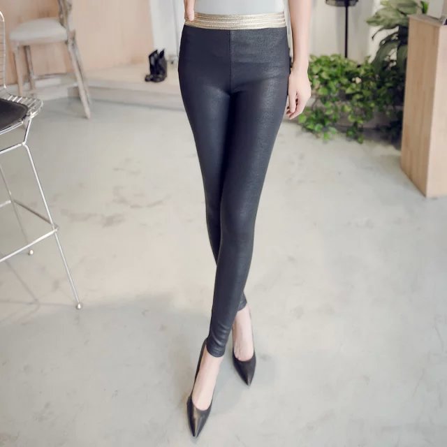 Fashion women black faux leather Patchwork Golden waist stretch pant cozy Leggings trouses Elastic Waist casual plus size