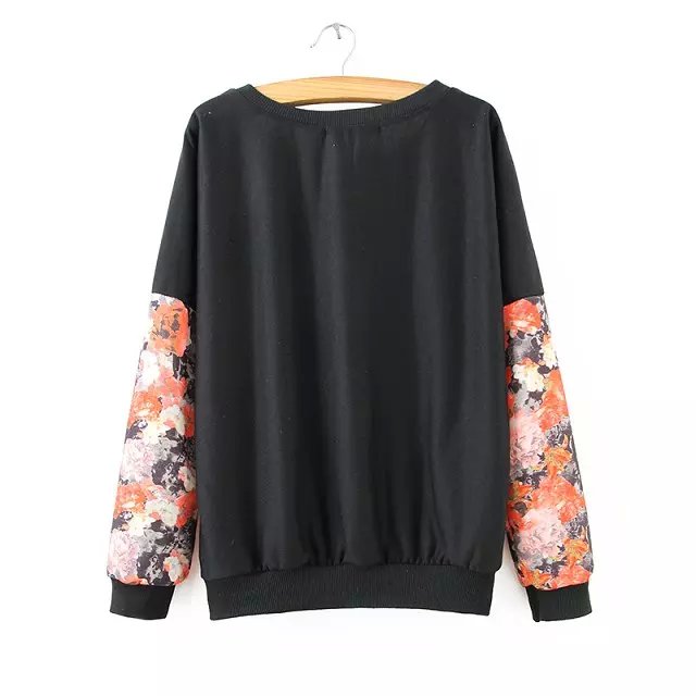 Fashion women black floral print Patchwork batwing sleeve pullovers sweatshirts Casual O-neck hoodies brand