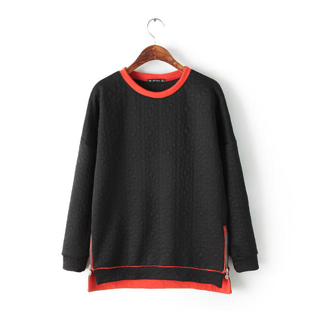 Fashion Women black Side Zipper pullovers Casual long Sleeve O-neck hoodies sweatshirts brand moleton feminino