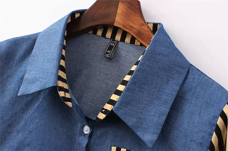 Fashion Women blue Denim Patchwork striped print blouses long sleeve turn-down collar button Office Lady shirt Brand female