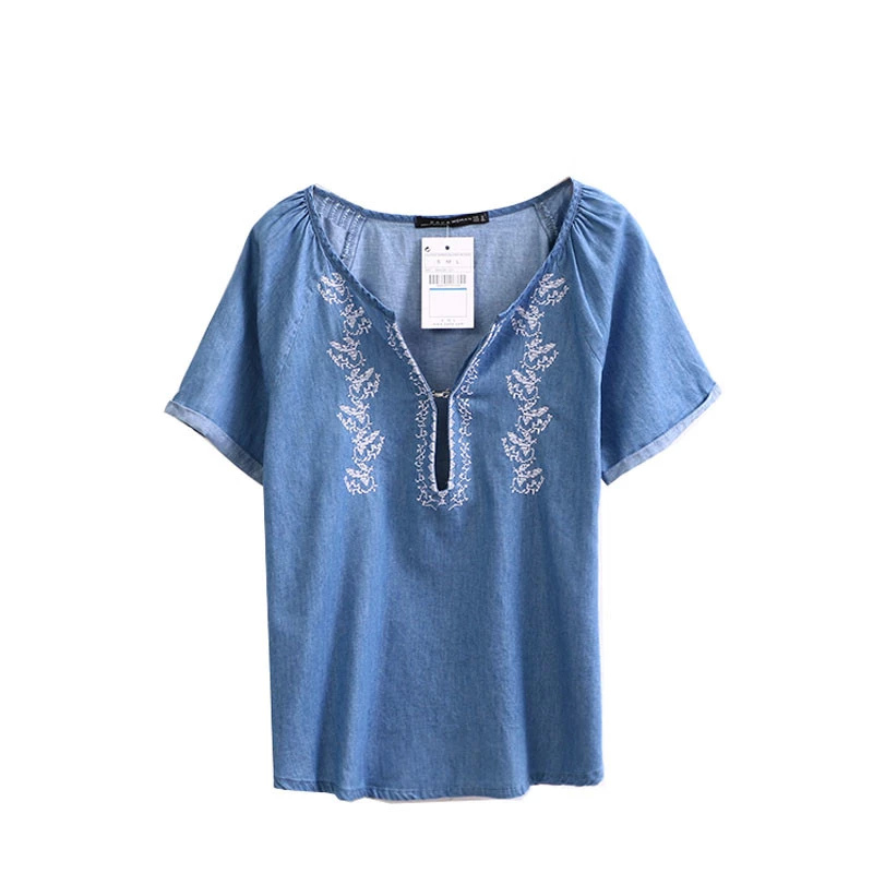 Fashion Women blue Denim Ruffle blouse short Sleeve V-neck Vintage Embroidery casual blusas femininas shirts