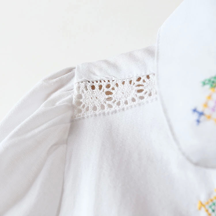 Fashion Women Cotton Elegant white Geometric Embroidery Hollow out Blouse button Short Sleeve turn-down colla casual shirts