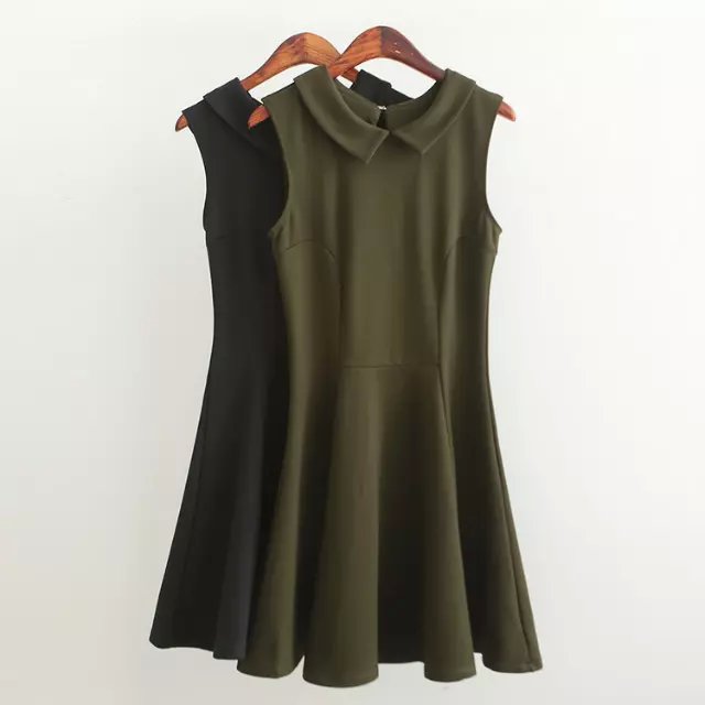 Fashion Women Elegant Amy green sleeveless mini Pleated Dress Peter pan Collar casual fit back zipper hollow out female