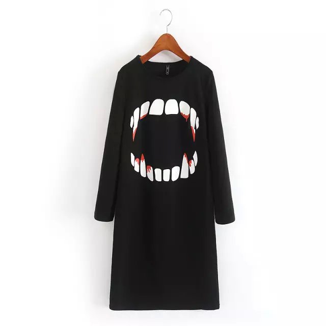 Fashion Women Elegant Black Vampire teeth print stretch sexy Sheath Knee-Length Dress O-neck long sleeve causal fit brand