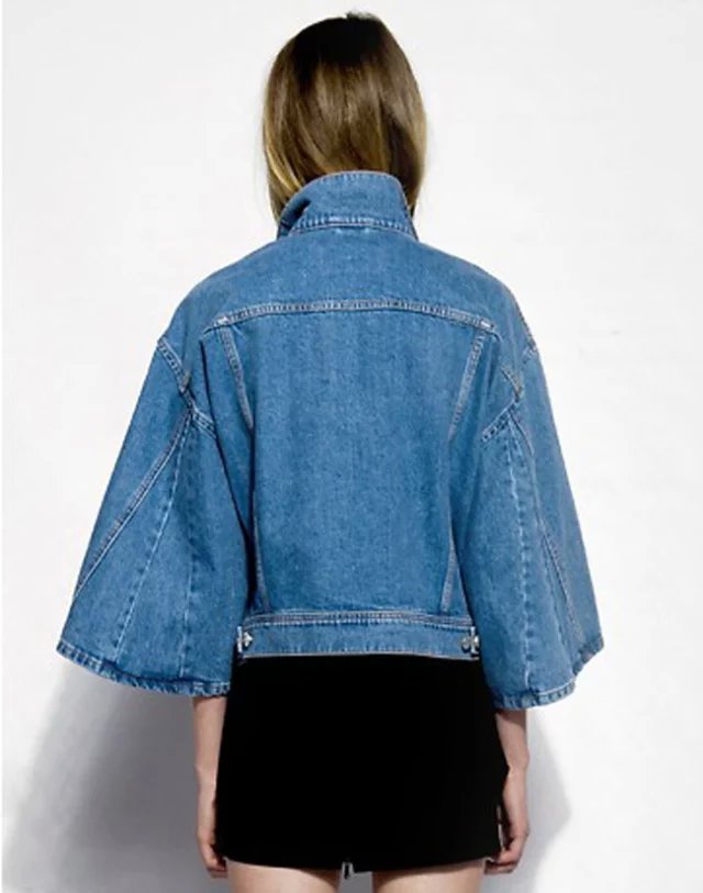 Fashion women elegant blue denim Jacket Flare Sleeve Pocket coat outwear casual brand tops