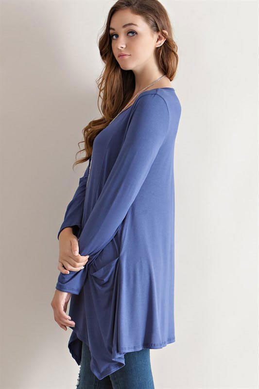 Fashion women Elegant blue pocket Irregular long T-shirt O-neck long sleeve shirt casual loose brand tops plus size
