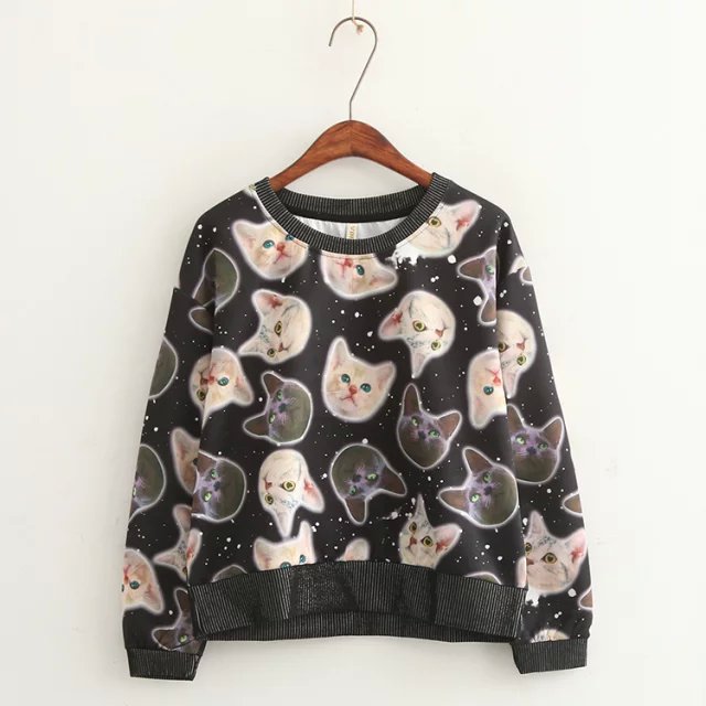 Fashion women elegant Cat print sports pullover sweatshirts Casual O-neck long Sleeve hoodies brand Tops