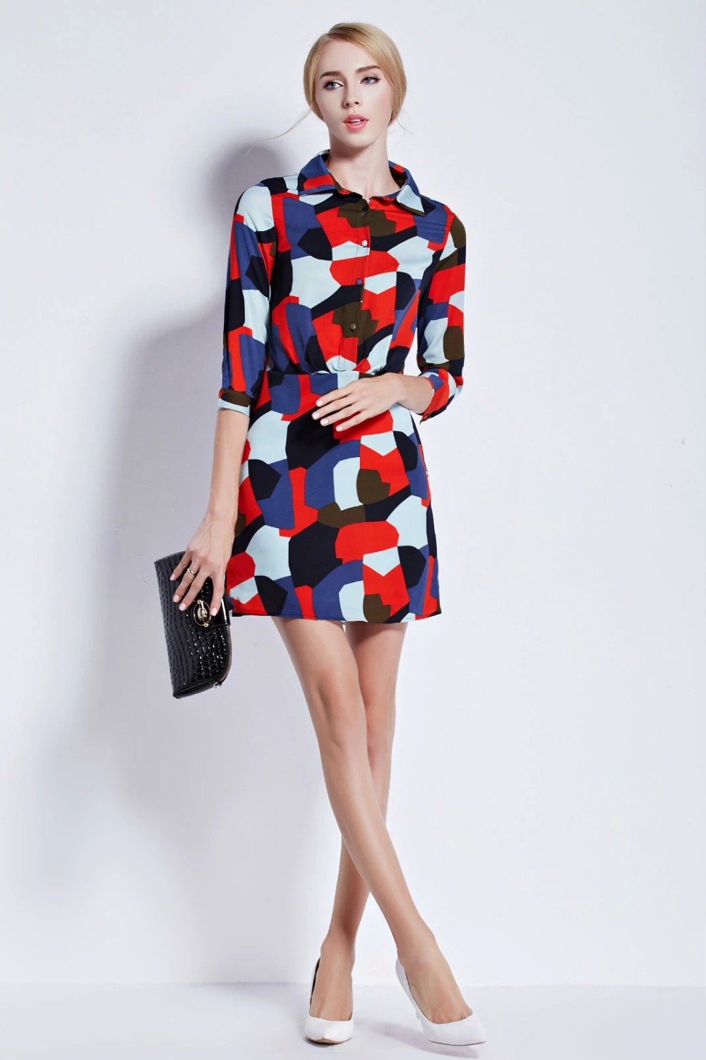 Fashion Women Elegant Color print Dress Three Quarter Sleeve turn down collar button Drawstring casual dresses