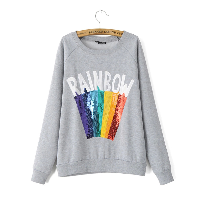 Fashion women elegant Embroidery Sequins rainbow sports pullover outwear Casual O neck long Sleeve shirts Tops