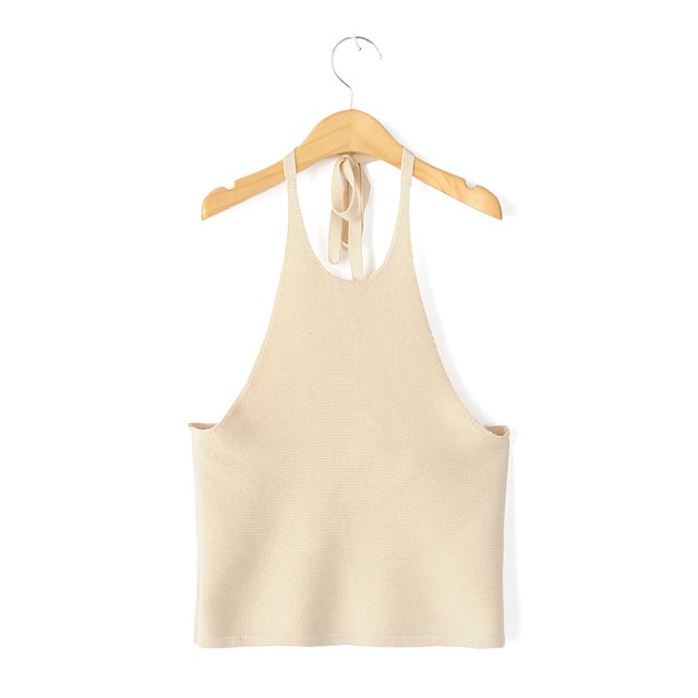 Fashion women elegant Knitted Khaki sexy backless off shuolder crop sleeveless Camis Tank casual back bow shirt brand tops
