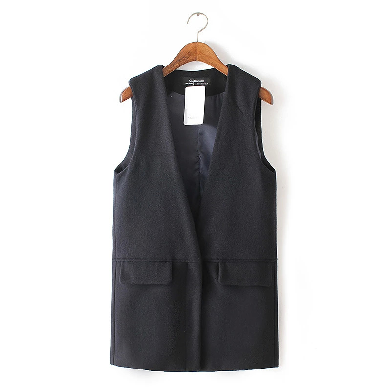 Fashion Women elegant office lady pocket black woolen coat sleeveless vests jacket Single Button casual brand for female