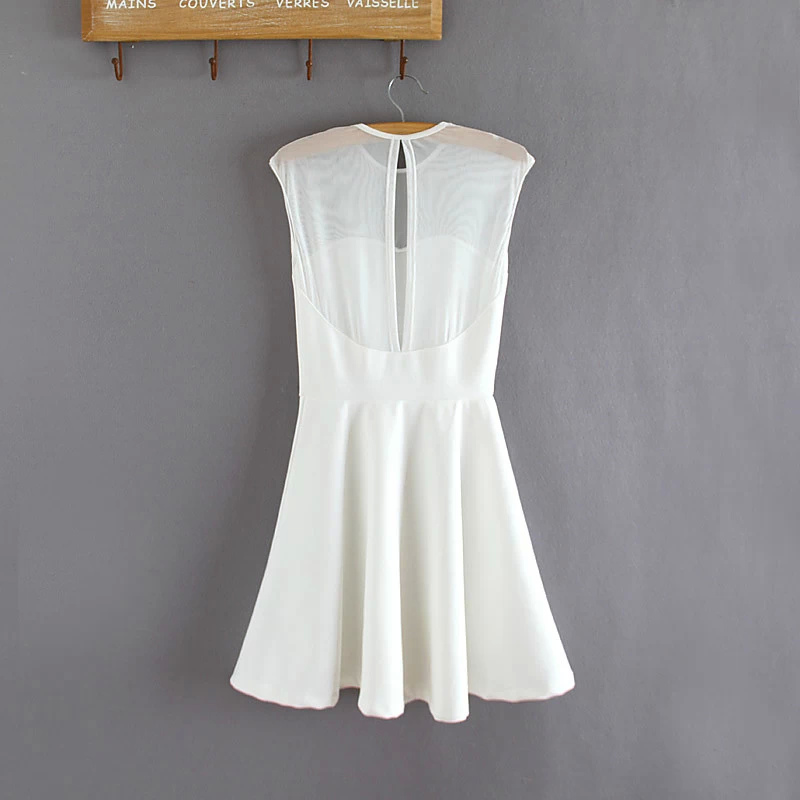 Fashion Women Elegant sexy white Back hollow out mesh patchwork mini pleated Dress sleeveless vintage casual fit brand