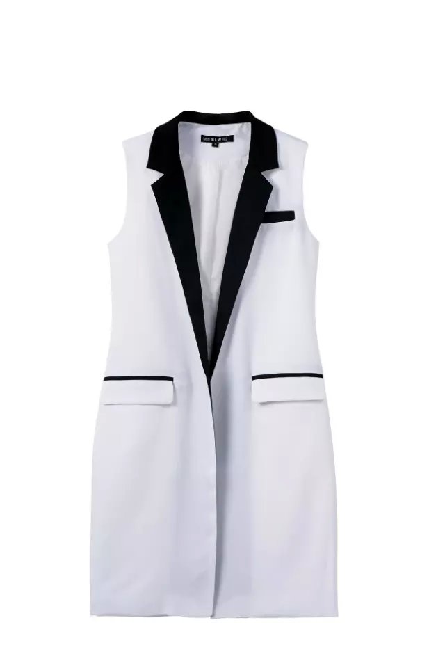 Fashion women Elegant Sleeveless pocket white jackets long Vests turn-down collar Outerwear Casual Office Lady Female