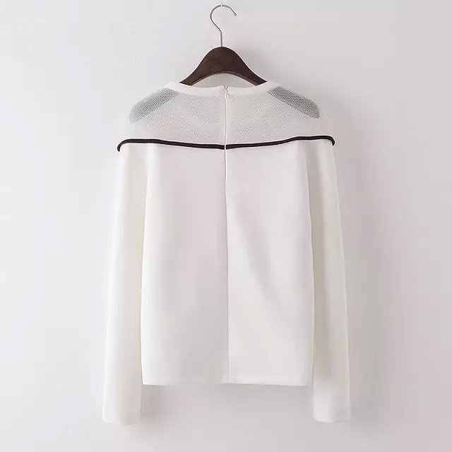 Fashion Women Elegant White hollow out Character T shirt O-neck long sleeve back zipper shirts casual loose tops