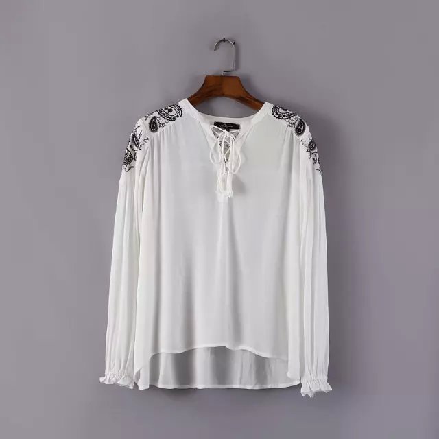 Fashion women Elegant white Paisley Embroidery blouses vintage long sleeve Drawstring V-neck shirts casual female