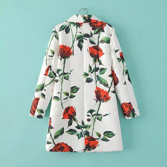Fashion women Elegant white rose print button long sleeve turn-down collar pocket Coat casual jacket brand designer Tops