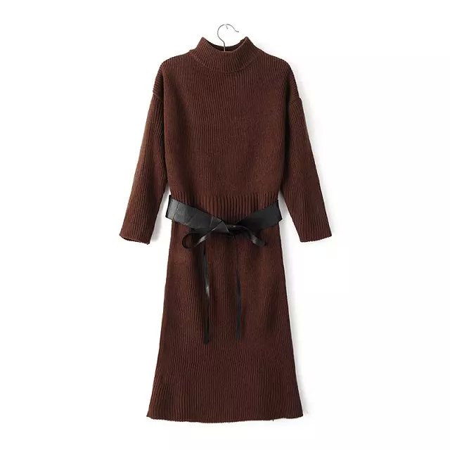 Fashion Women Elegant winter purple Knitted with belt Mid-Calf Dress long Sleeve Turtleneck stretch fit Casual brand female