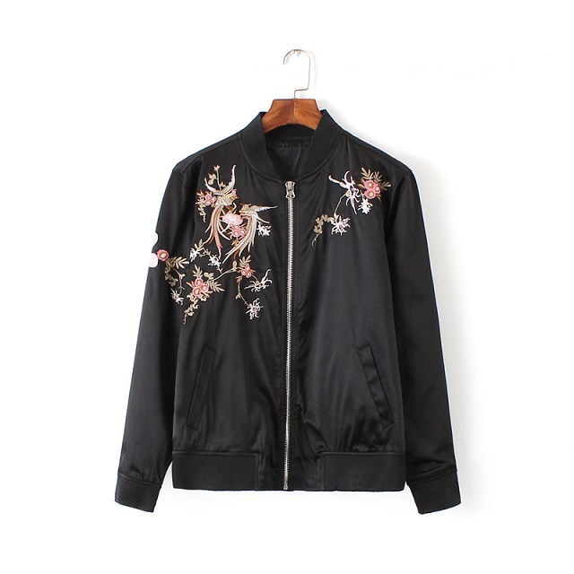 Fashion women embroidery birds black coat outwear zipper pockets Jacket long sleeve casual fitness brand designer tops