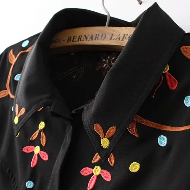 Fashion women floral embroidery black Blouse elegant casual button office shirts Turn-down collar long sleeve brand