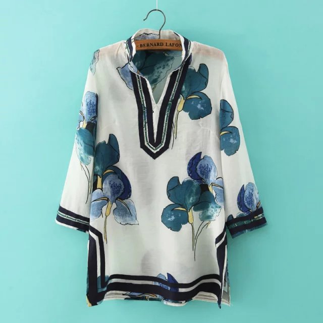 Fashion Women Floral Print Embroidery Blouses Cotton stand long sleeve Casual clothing Tops