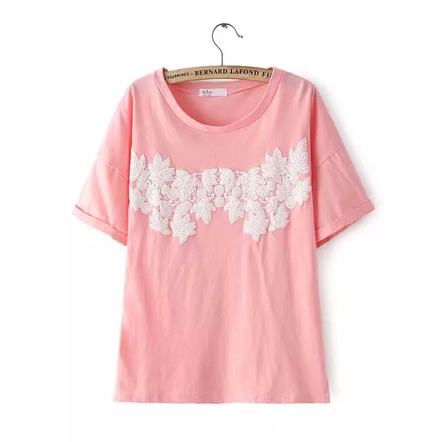 Fashion women pink cotton sweet T-shirt Lace Patchwork O-neck batwing Short sleeve shirts casual brand tops