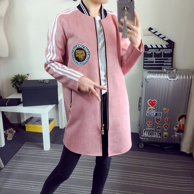 Fashion women pink Faux Suede Leather Embroidery basketball long Jacket Zipper pockert stand collar casual brand