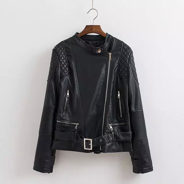 Fashion Women Punk style black Faux leather O-neck jacket coat Zipper With belt pocket casual jaqueta feminina Brand