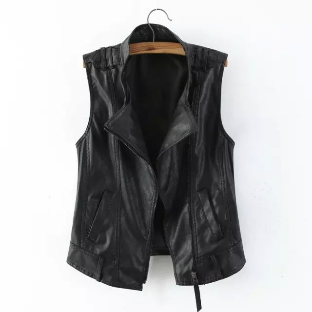Fashion Women Punk style black faux leather Sleeveless zipper pocket Vest jacket stand collar Casual jaqueta feminina