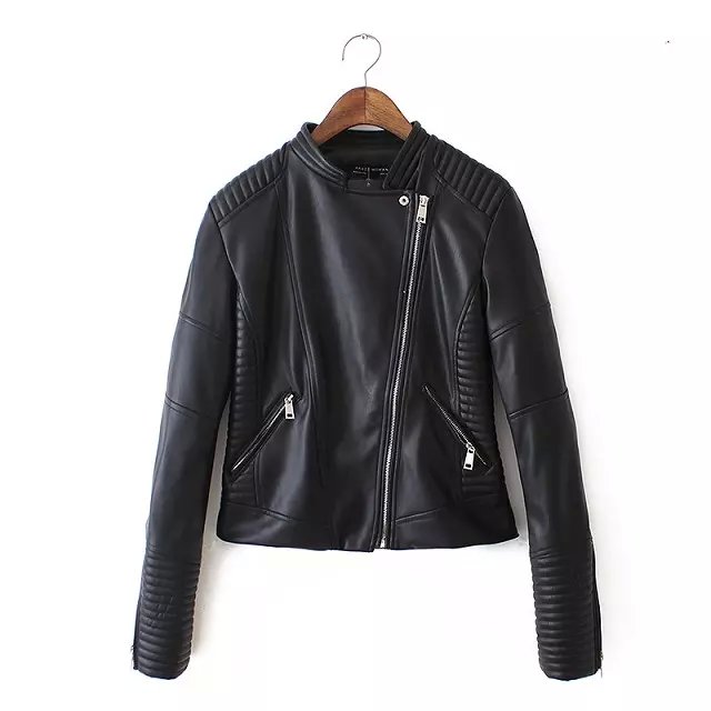 Fashion Women Punk style black Faux leather Turn-down collar jacket Zipper pocket casual jaqueta feminina Brand