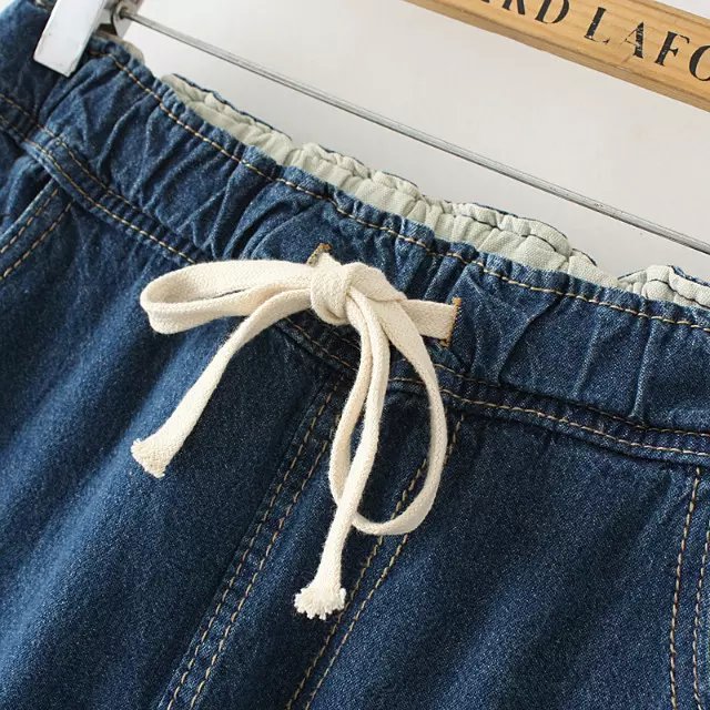 Fashion Women School Style Elastic waist Drawstring Denim jeans trousers Patchwork ripped Embroidery pockets pants brand