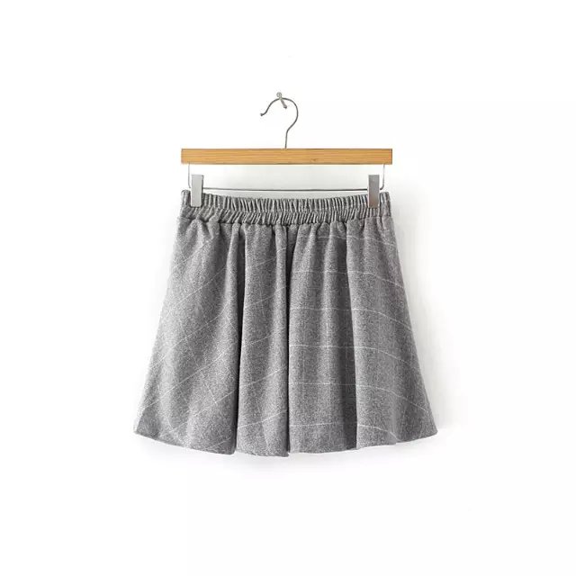 Fashion Women school style gray A-Line Plaid woolen High Waist Elastic Waist Mini Skirts Casual brand