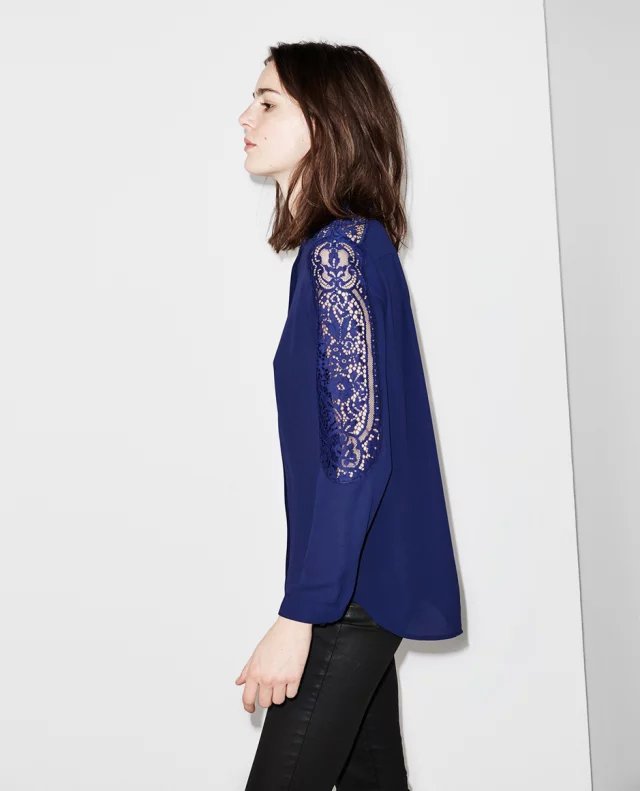 Fashion Women sexy blue Lace patchwork hollow out Sleeve Chiffon Blouse stand collar button Shirts casual brand female