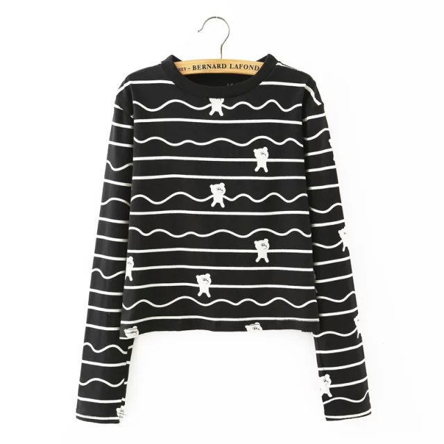 Fashion women spring cute black striped Wave bear print T-shirt O-neck long sleeve shirts casual fit brand tops