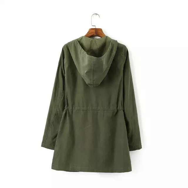 Fashion women Spring elegant Army green Pocket Zipper Drawstring trench coat hooded long sleeve Casual brand windbreaker