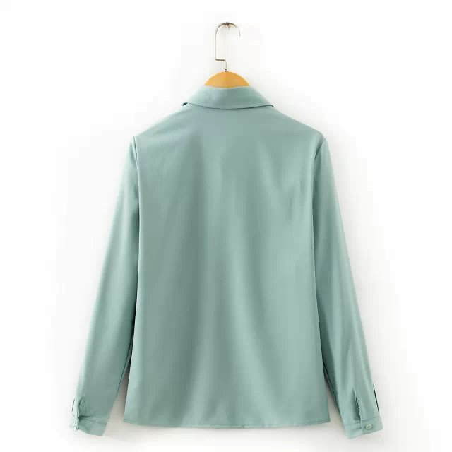 Fashion Women Spring Elegant Green beading pearl Turn-down Collar Blouse stretch Long Sleeve button office Casual shirt