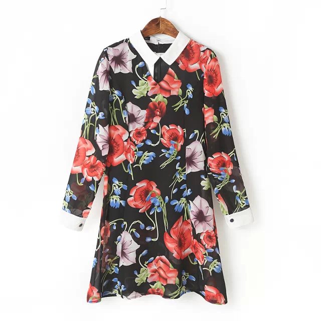Fashion Women Spring floral print chiffon vintage long sleeve V-neck back zipper casual vestidos pleated mini dress
