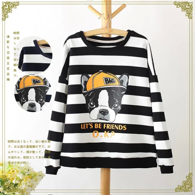 Fashion women striped dog Letter print pullover sweatshirts Casual O-neck Batwing Sleeve winter thick hoodies brand tops