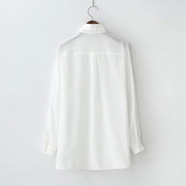 Fashion Women White Chiffon Blouses Turn down collar long Sleeve Pocket shirts Casual loose brand Tops