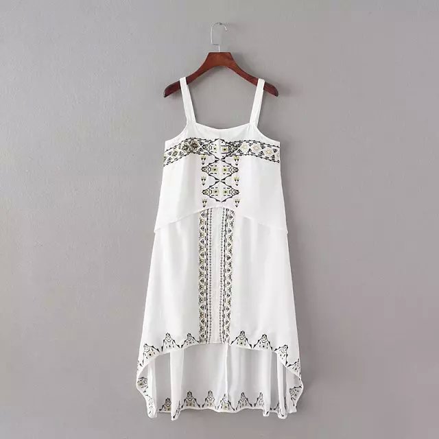 Fashion women White Spaghetti Strap backless Geometric Embroidery knee-length Asymmetrical Dresses sleeveless casual brand