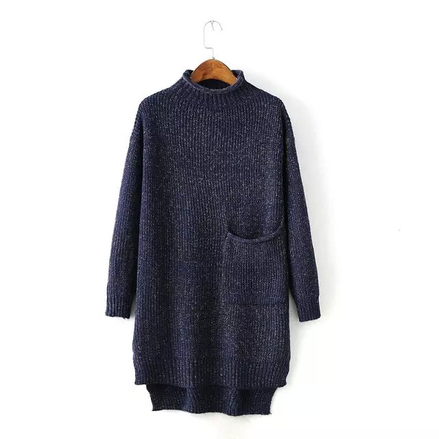Fashion Women Winter khaki Knitted sweater side open pocket Mid-Calf Dress batwing Sleeve Turtleneck casual brand
